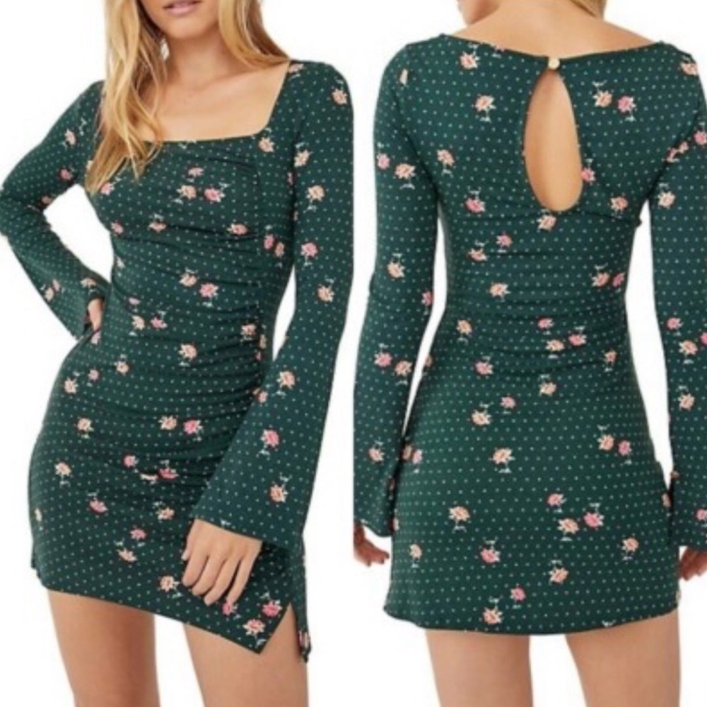 Free People Celia Mini Green Floral Ruched Long-Sleeve Dress extra small